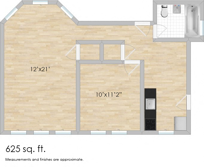 Floor plan for 1 bed, 1 bath, 625 sqft