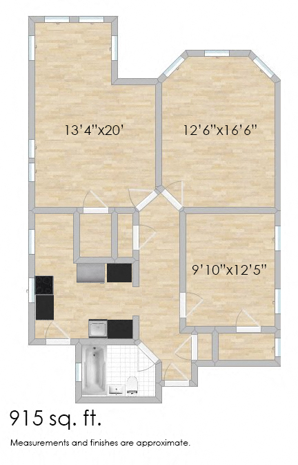 Floor plan for 2 beds, 1 bath, 915 sqft