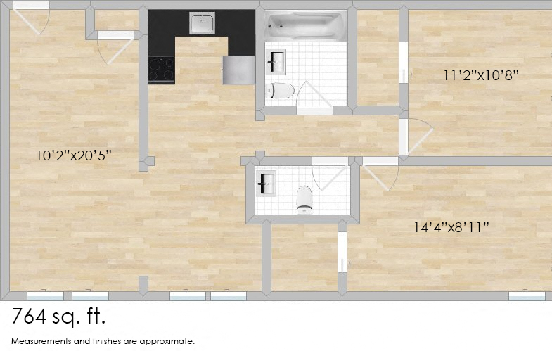 Floor plan for 2 beds, 1 bath, 764 sqft