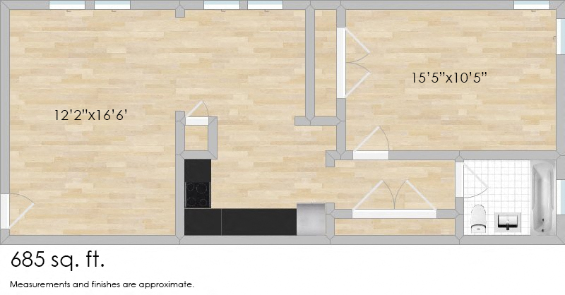 Floor plan for 1 bed, 1 bath, 685 sqft