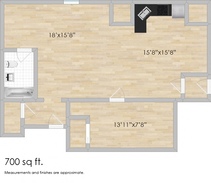 Floor plan for 1 bed, 1 bath, 763 sqft