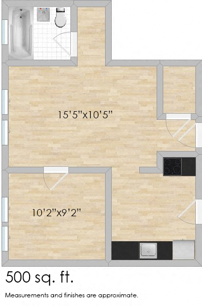 Floor plan for 1 bed, 1 bath, 500 sqft