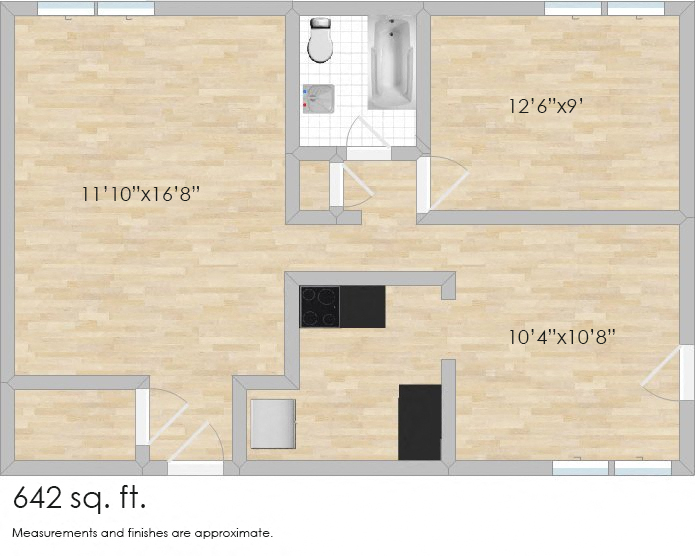 Floor plan for 1 bed, 1 bath, 700 sqft