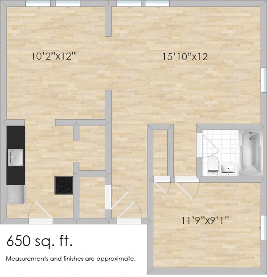 Floor plan for 1 bed, 1 bath, 650 sqft