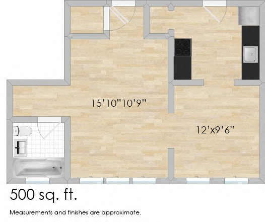 Floor plan for studio, 1 bath, 500 sqft