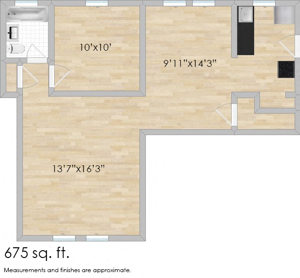 Floor plan for 1 bed, 1 bath, 675 sqft