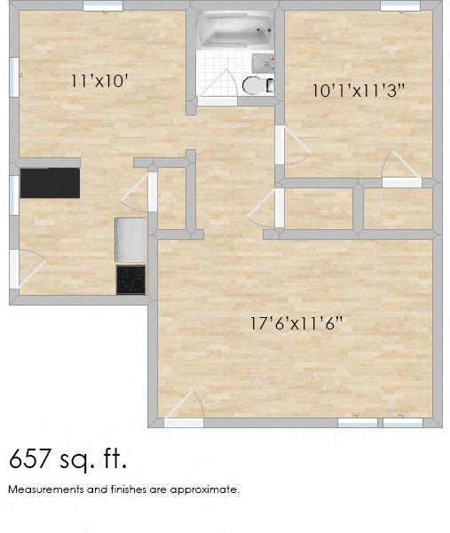 Floor plan for 1 bed, 1 bath, 657 sqft