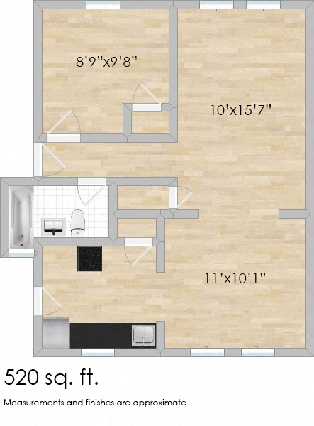 Floor plan for 1 bed, 1 bath, 520 sqft