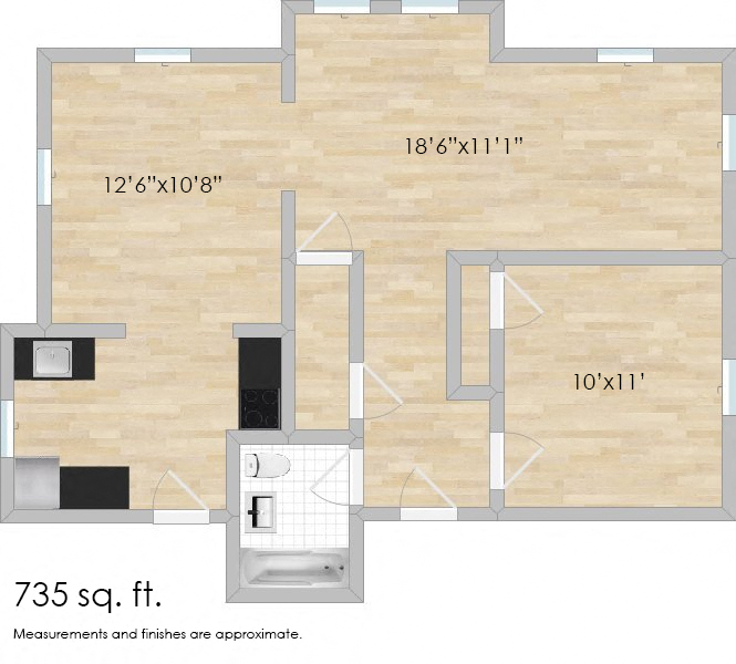 Floor plan for 1 bed, 1 bath, 735 sqft