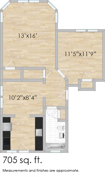 Floor plan for 1 bed, 1 bath, 705 sqft