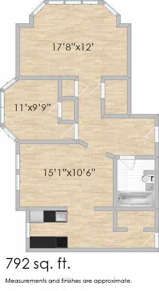 Floor plan for 1 bed, 1 bath, 792 sqft