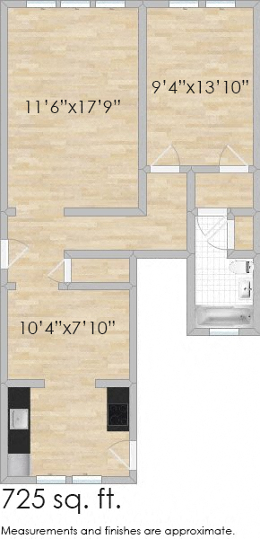 Floor plan for 1 bed, 1 bath, 724 sqft