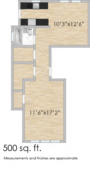 Floor plan for studio, 1 bath, 600 sqft