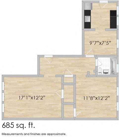 Floor plan for 1 bed, 1 bath, 685 sqft