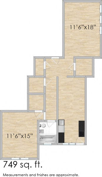 Floor plan for 1 bed, 1 bath, 749 sqft