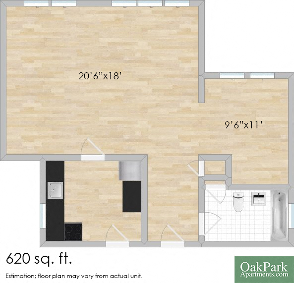 Floor plan for studio, 1 bath, 680 sqft