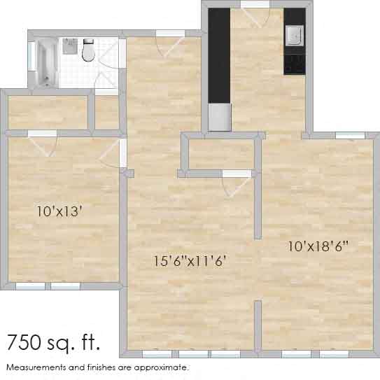 Floor plan for 1 bed, 1 bath, 750 sqft