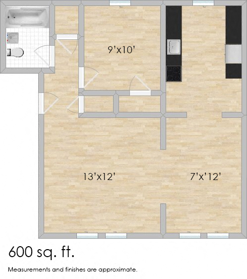 Floor plan for 1 bed, 1 bath, 750 sqft