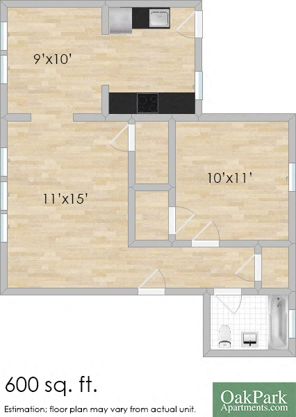 Floor plan for 1 bed, 1 bath, 625 sqft