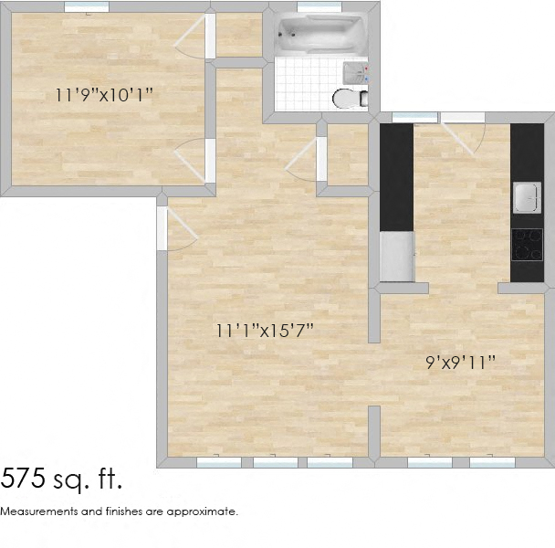 Floor plan for 1 bed, 1 bath, 532 sqft