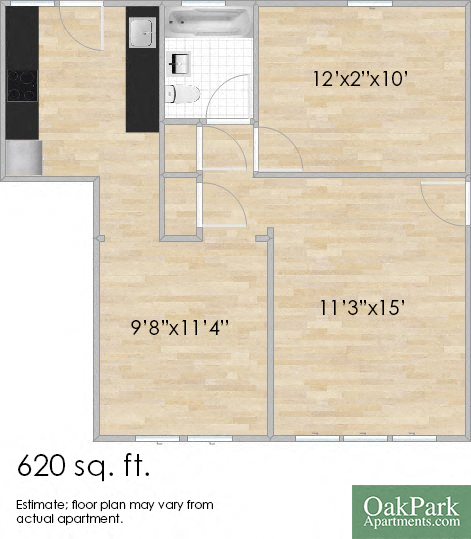 Floor plan for 1 bed, 1 bath, 625 sqft