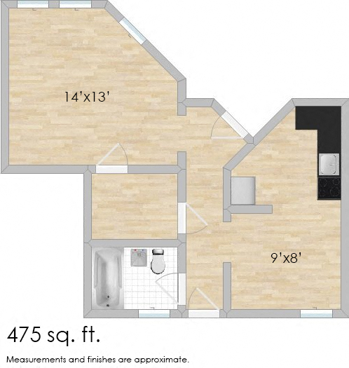 Floor plan for studio, 1 bath, 475 sqft