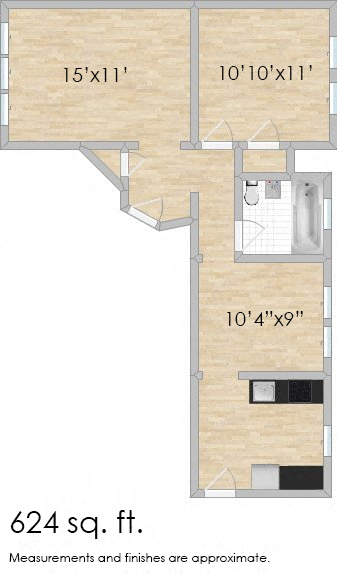 Floor plan for 1 bed, 1 bath, 624 sqft