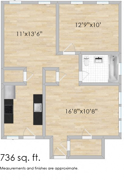 Floor plan for 1 bed, 1 bath, 530 sqft