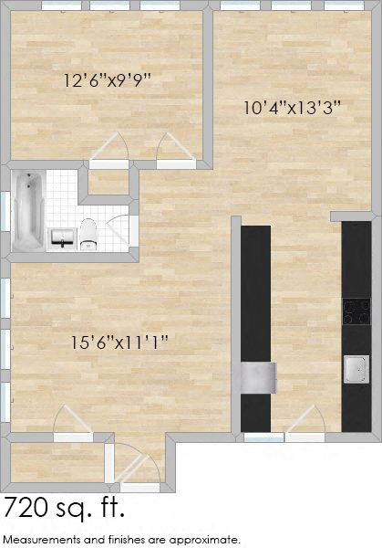 Floor plan for 1 bed, 1 bath, 720 sqft