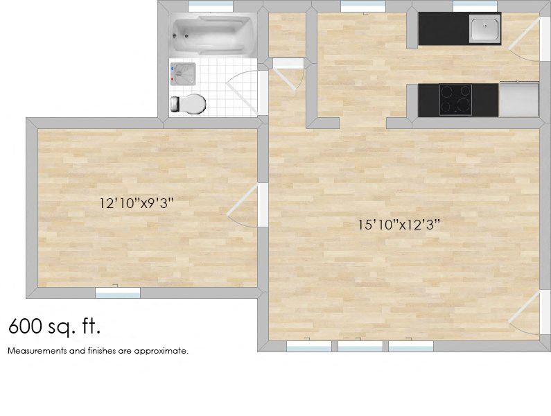 Floor plan for 1 bed, 1 bath, 530 sqft