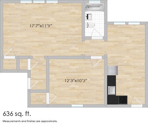 Floor plan for 1 bed, 1 bath, 636 sqft