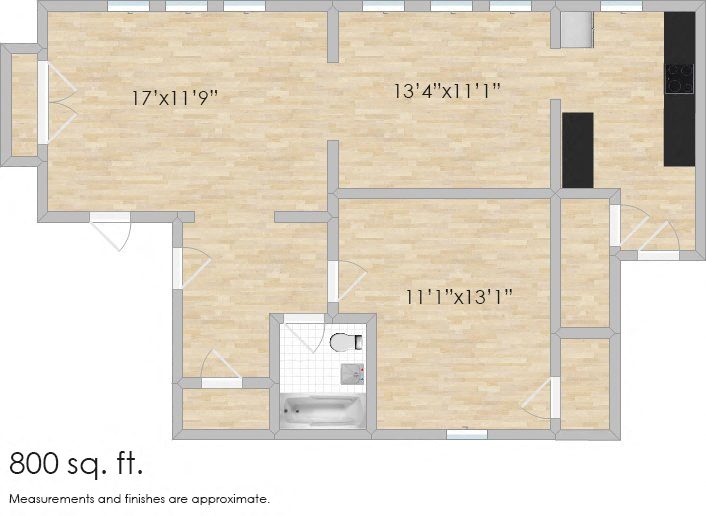 Floor plan for 1 bed, 1 bath, 900 sqft
