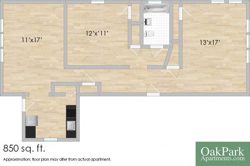 Floor plan for 1 bed, 1 bath, 870 sqft