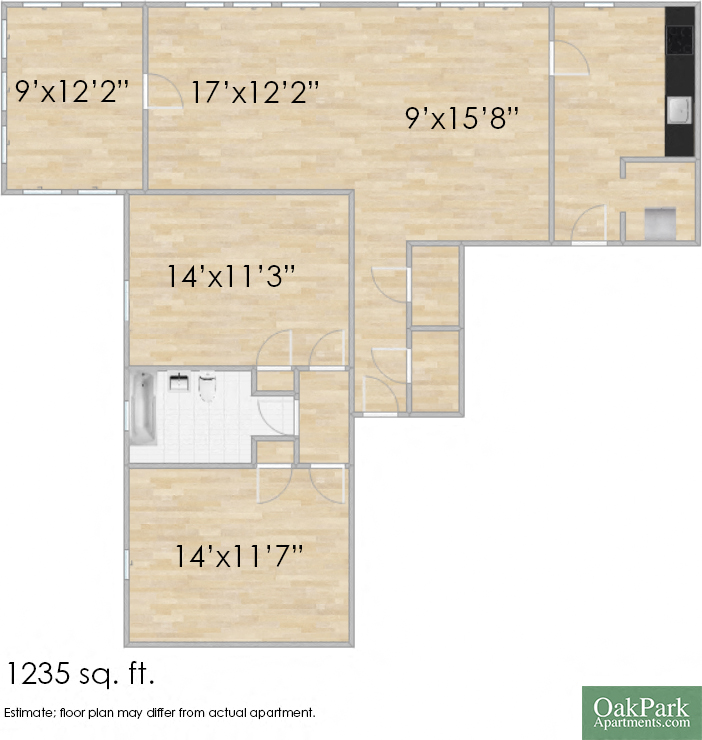 Floor plan for 2 beds, 1 bath, 1235 sqft