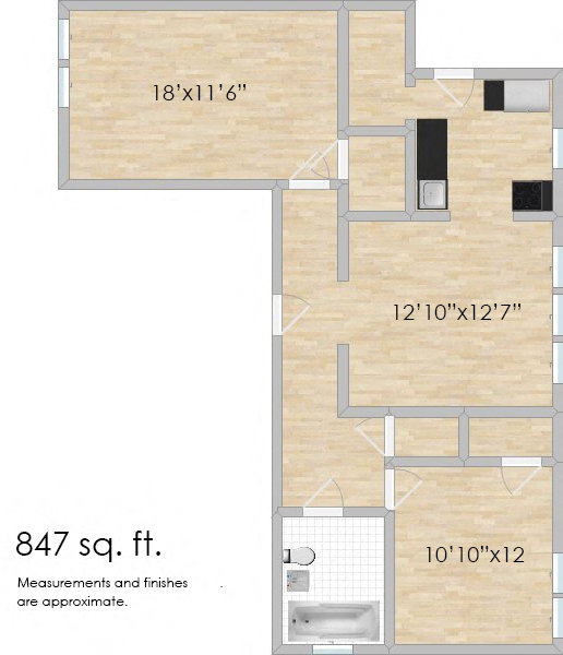 Floor plan for 1 bed, 1 bath, 847 sqft