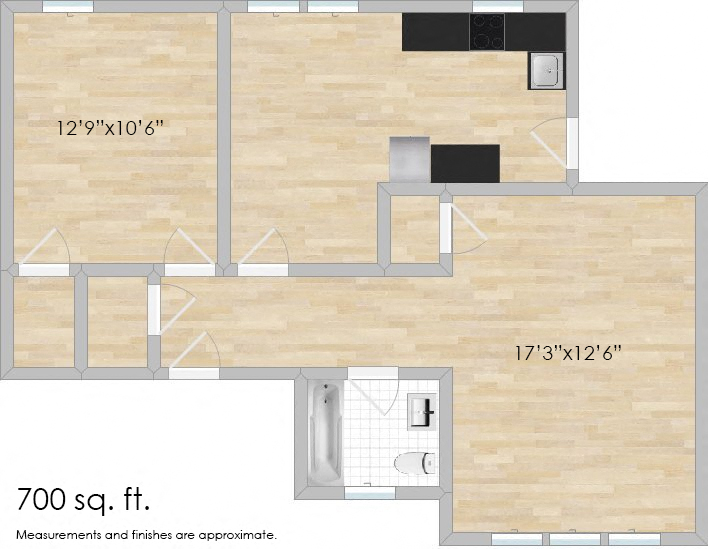 Floor plan for 1 bed, 1 bath, 700 sqft