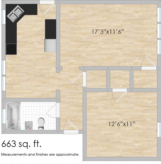 Floor plan for 1 bed, 1 bath, 663 sqft