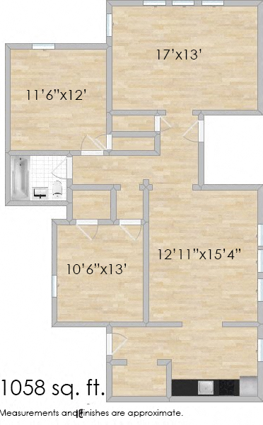 Floor plan for 2 beds, 1 bath, 1058 sqft