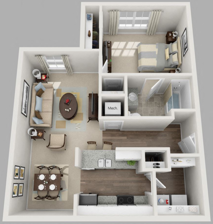 Floor plan for 1 bed, 1 bath, 760 sqft