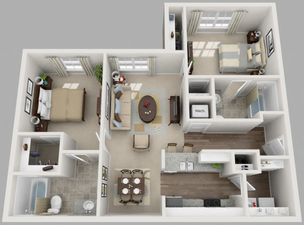 Floor plan for 2 beds, 2 baths, 1048 sqft