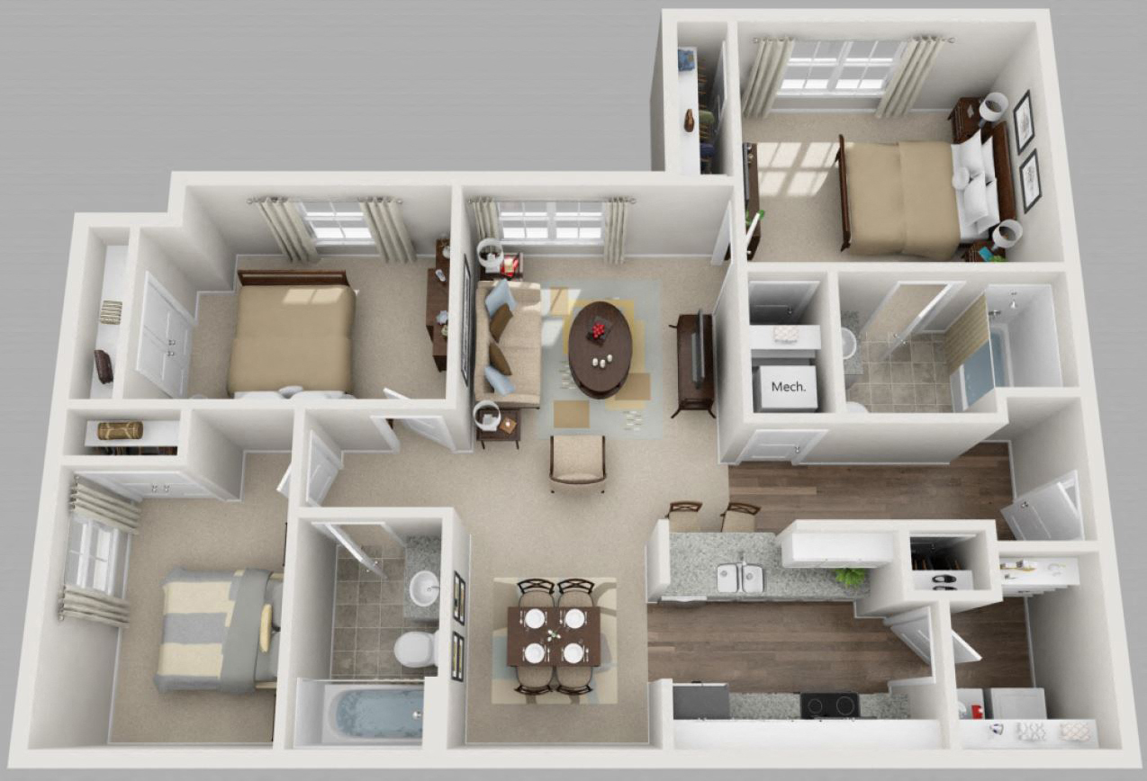 Floor plan for 3 beds, 2 baths, 1136 sqft