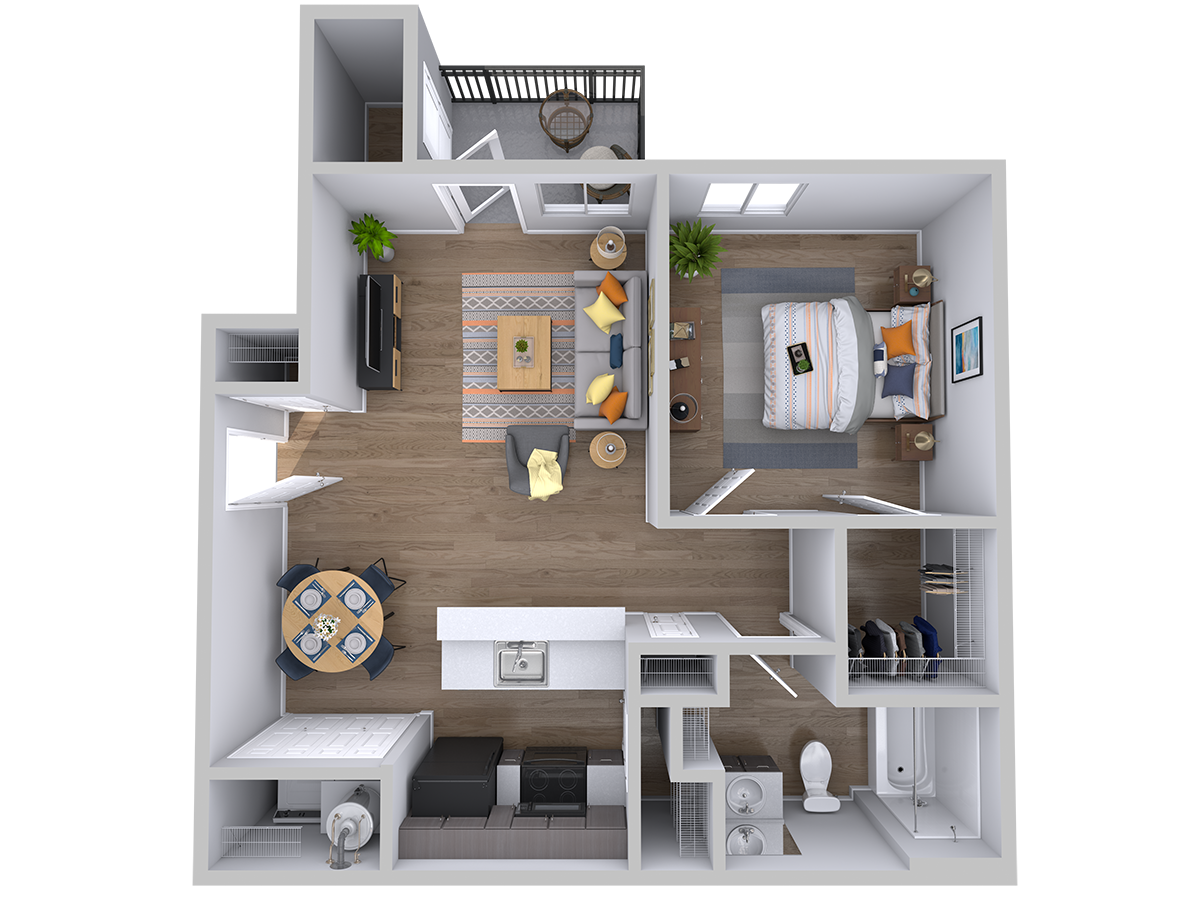 Floor plan for 1 bed, 1 bath, 642 sqft