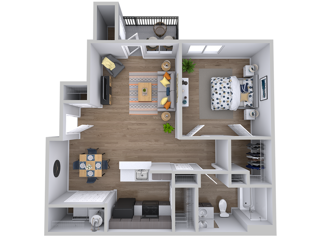 Floor plan for 1 bed, 1 bath, 656 sqft