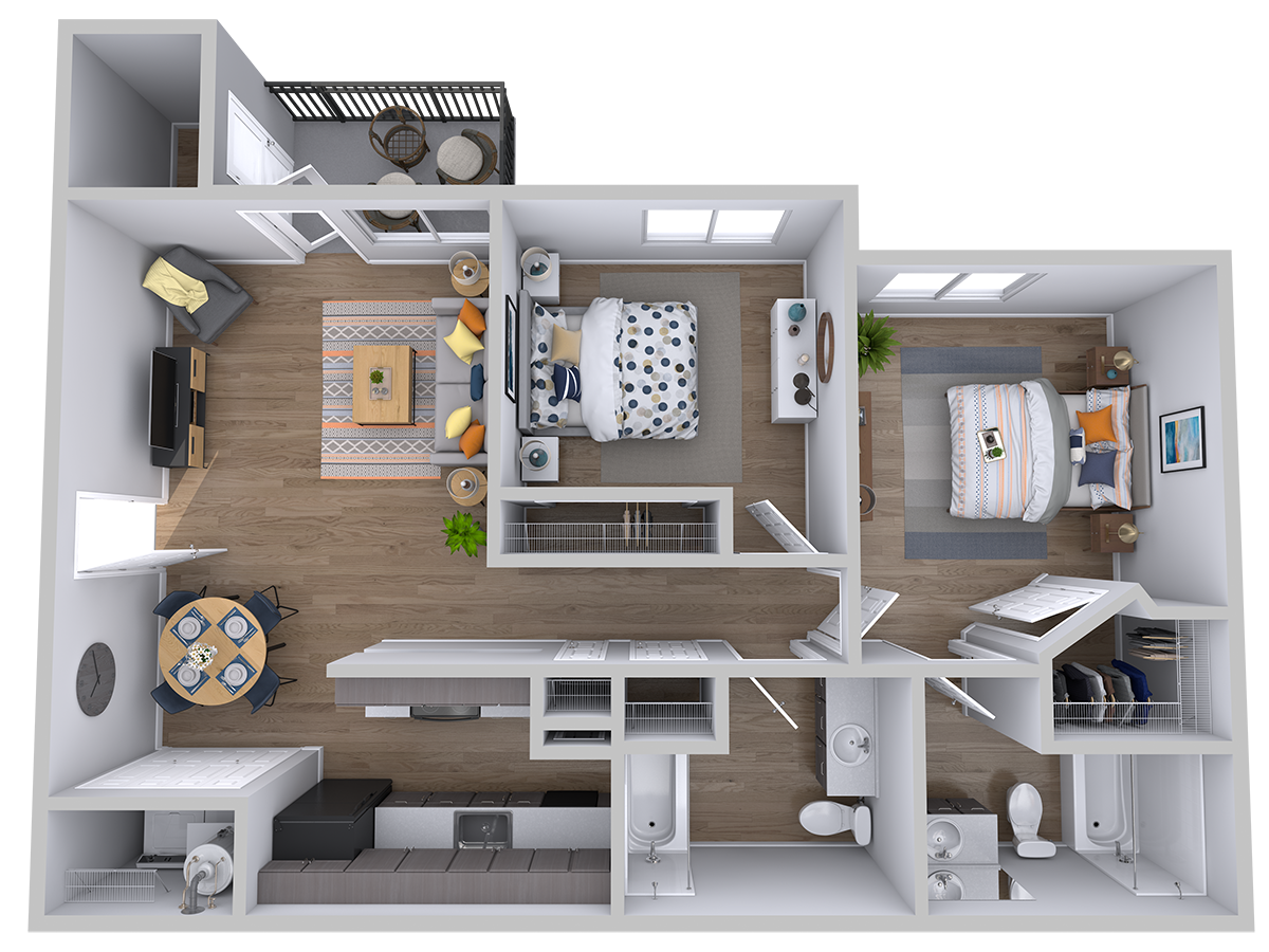 Floor plan for 2 beds, 2 baths, 835 sqft