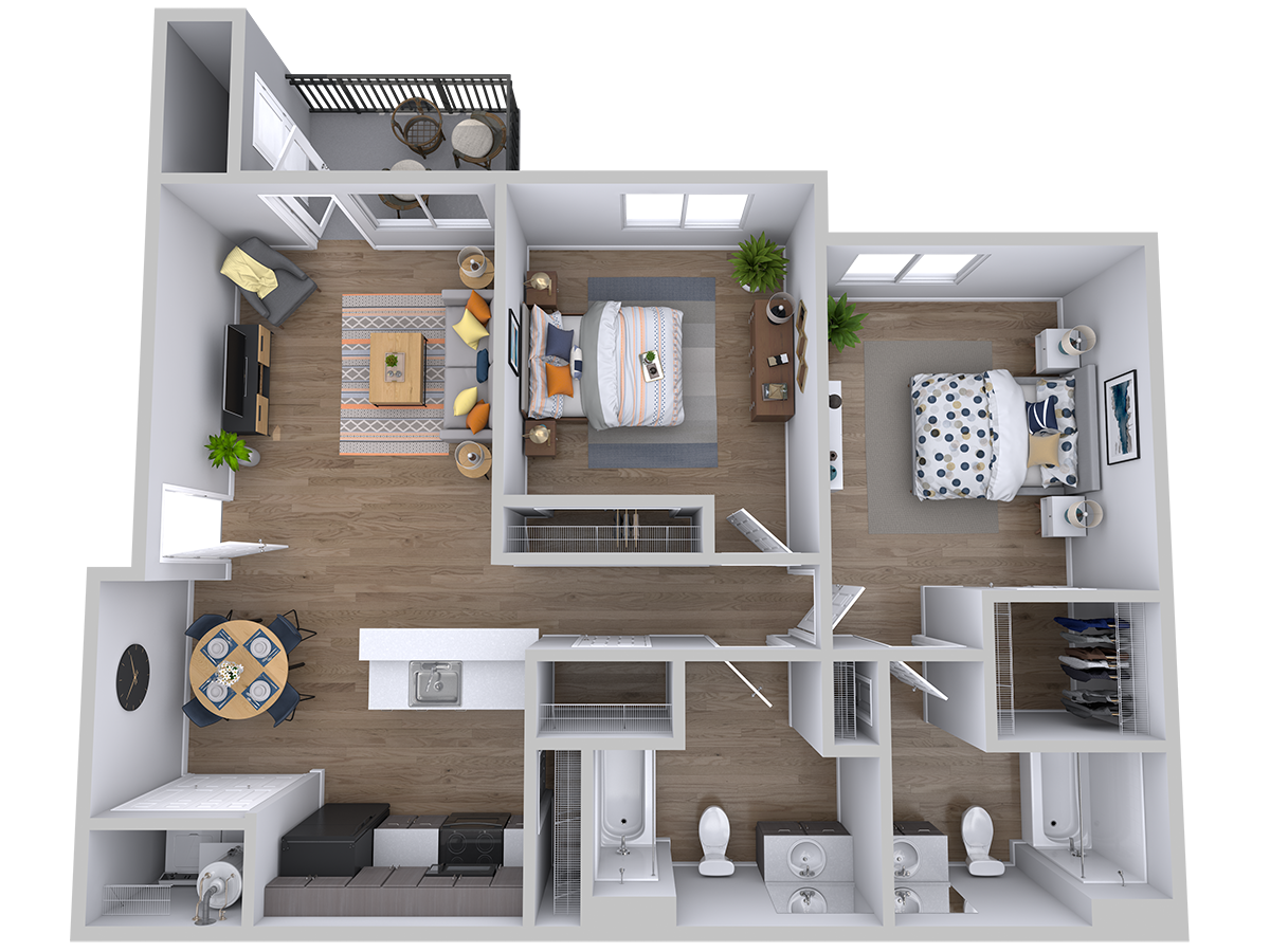 Floor plan for 2 beds, 2 baths, 861 sqft