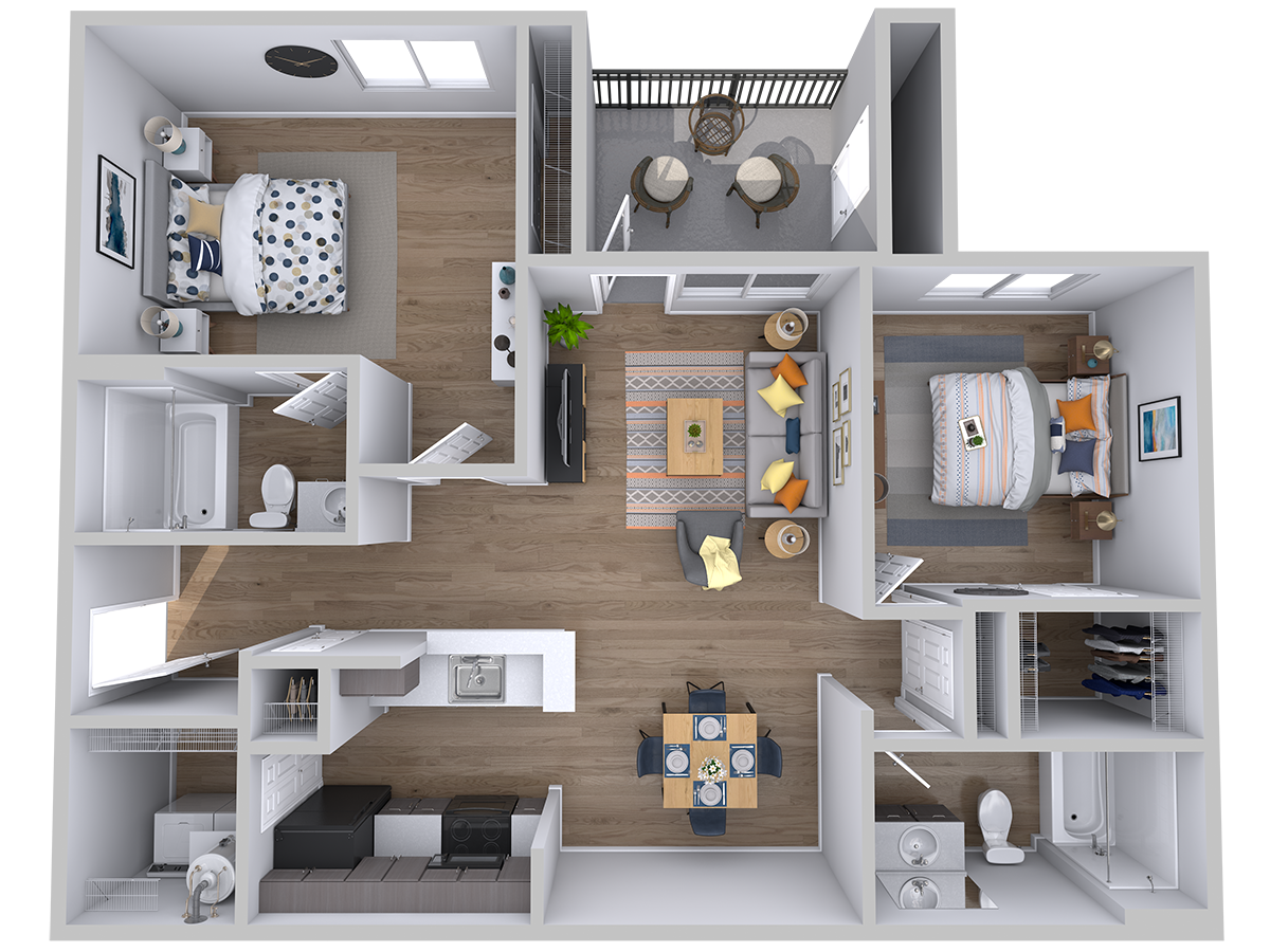 Floor plan for 2 beds, 2 baths, 886 sqft