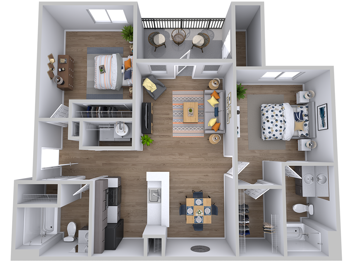 Floor plan for 2 beds, 2 baths, 911 sqft