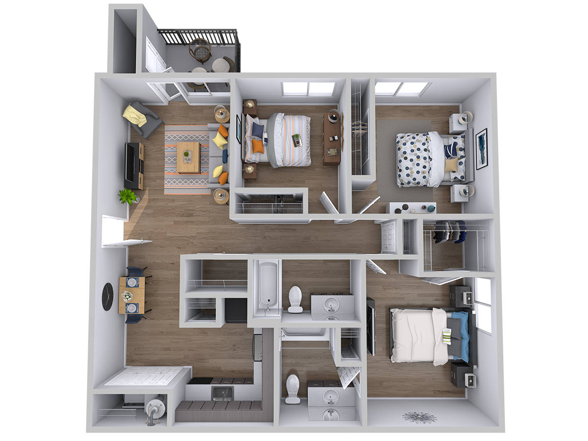 Floor plan for 3 beds, 2 baths, 1075 sqft