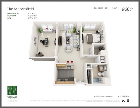 Floor plan for 1 bed, 1 bath, 968 sqft