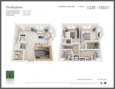 Floor plan for 2 beds, 2.5 baths, 1352 sqft